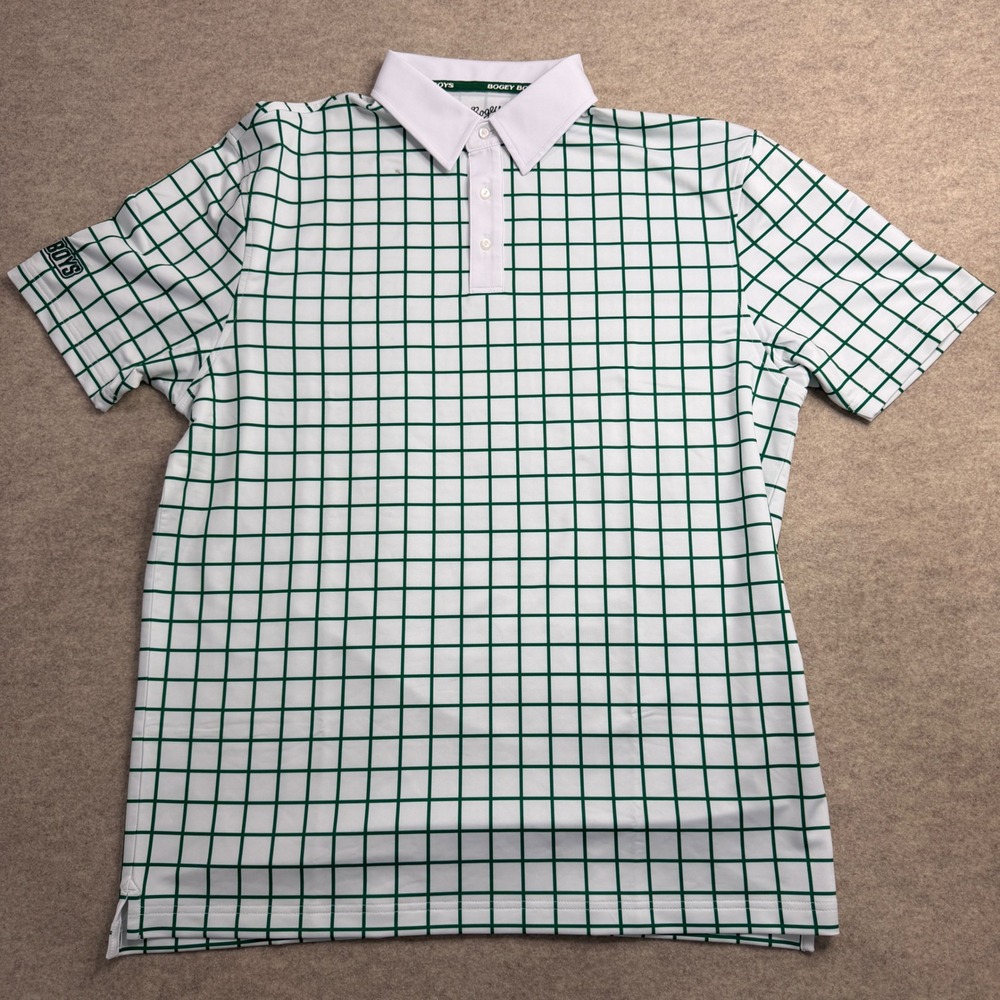 Bogey Boys Mens Green White Grid Golf Polo Shirt Large Short Sleeve Stretch